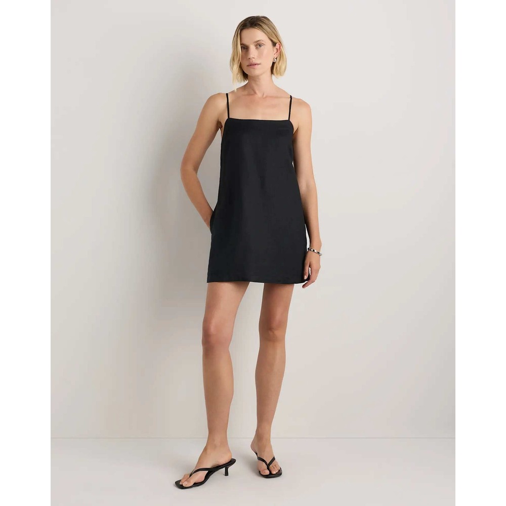 Quince European Linen Skort Mini Dress Black Adjustable Straps Pockets Large NWT